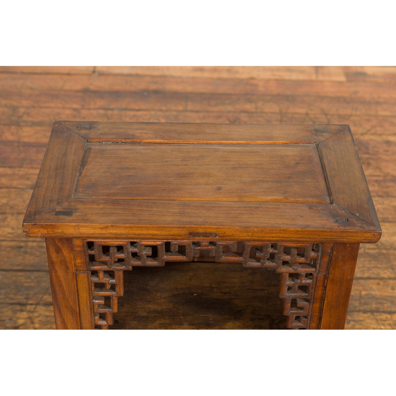 Chinese Qing Dynasty 19th Century Elm Side Cabinet with Fretwork Shelf and Doors-YN2370-10. Asian & Chinese Furniture, Art, Antiques, Vintage Home Décor for sale at FEA Home