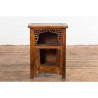 Chinese Qing Dynasty 19th Century Elm Side Cabinet with Fretwork Shelf and Doors