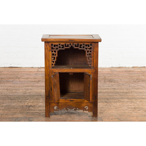 Chinese Qing Dynasty 19th Century Elm Side Cabinet with Fretwork Shelf and Doors-YN2370-13. Asian & Chinese Furniture, Art, Antiques, Vintage Home Décor for sale at FEA Home