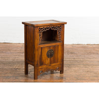 Chinese Qing Dynasty 19th Century Elm Side Cabinet with Fretwork Shelf and Doors