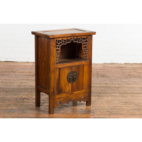 Chinese Qing Dynasty 19th Century Elm Side Cabinet with Fretwork Shelf and Doors-YN2370-14. Asian & Chinese Furniture, Art, Antiques, Vintage Home Décor for sale at FEA Home