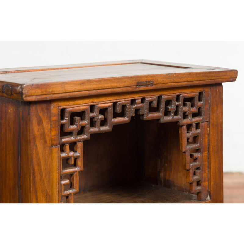 Chinese Qing Dynasty 19th Century Elm Side Cabinet with Fretwork Shelf and Doors-YN2370-15. Asian & Chinese Furniture, Art, Antiques, Vintage Home Décor for sale at FEA Home