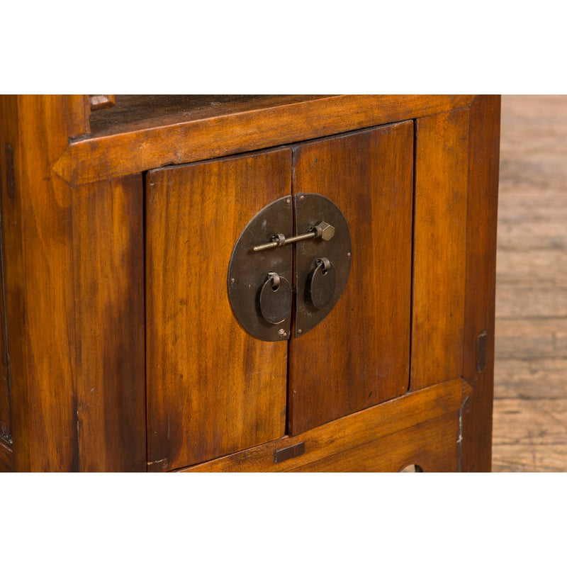 Chinese Qing Dynasty 19th Century Elm Side Cabinet with Fretwork Shelf and Doors-YN2370-16. Asian & Chinese Furniture, Art, Antiques, Vintage Home Décor for sale at FEA Home