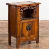 Chinese Qing Dynasty 19th Century Elm Side Cabinet with Fretwork Shelf and Doors