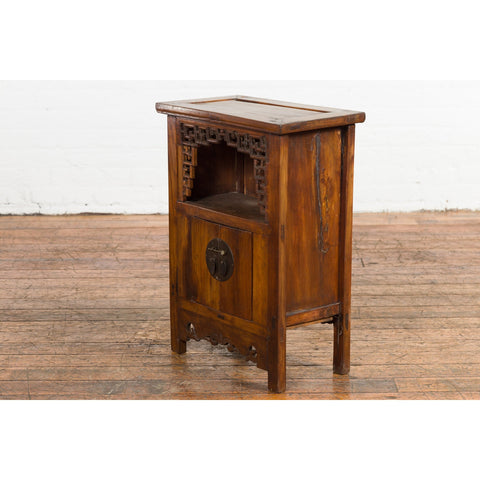 Chinese Qing Dynasty 19th Century Elm Side Cabinet with Fretwork Shelf and Doors-YN2370-20. Asian & Chinese Furniture, Art, Antiques, Vintage Home Décor for sale at FEA Home