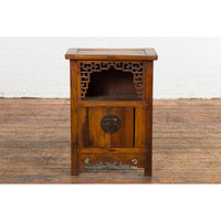 Chinese Qing Dynasty 19th Century Elm Side Cabinet with Fretwork Shelf and Doors