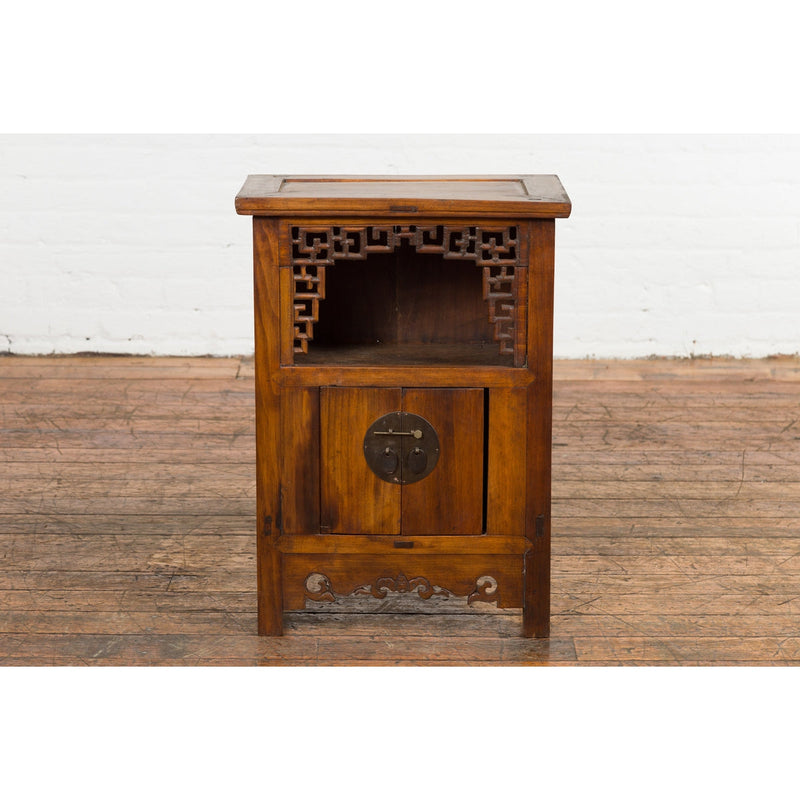 Chinese Qing Dynasty 19th Century Elm Side Cabinet with Fretwork Shelf and Doors-YN2370-3. Asian & Chinese Furniture, Art, Antiques, Vintage Home Décor for sale at FEA Home