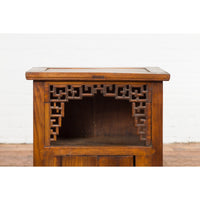 Chinese Qing Dynasty 19th Century Elm Side Cabinet with Fretwork Shelf and Doors