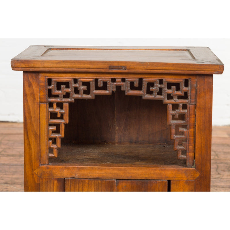 Chinese Qing Dynasty 19th Century Elm Side Cabinet with Fretwork Shelf and Doors-YN2370-9. Asian & Chinese Furniture, Art, Antiques, Vintage Home Décor for sale at FEA Home