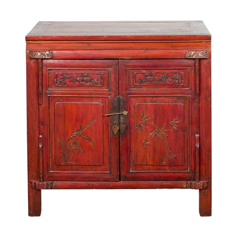 Chinese Red Lacquer Late Qing Dynasty Bedside Cabinet with Carved Décor-YN2617-1. Asian & Chinese Furniture, Art, Antiques, Vintage Home Décor for sale at FEA Home