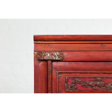 Chinese Red Lacquer Late Qing Dynasty Bedside Cabinet with Carved Décor-YN2617-16. Asian & Chinese Furniture, Art, Antiques, Vintage Home Décor for sale at FEA Home