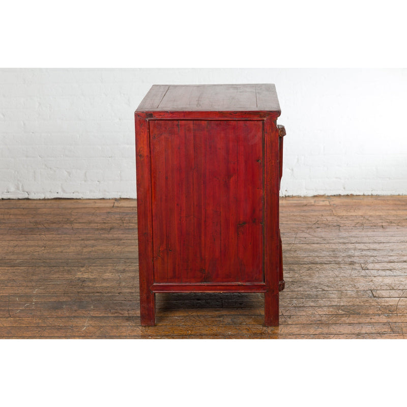 Chinese Red Lacquer Late Qing Dynasty Bedside Cabinet with Carved Décor-YN2617-17. Asian & Chinese Furniture, Art, Antiques, Vintage Home Décor for sale at FEA Home