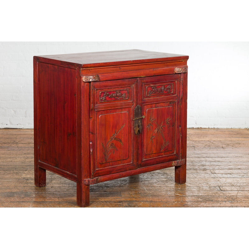 Chinese Red Lacquer Late Qing Dynasty Bedside Cabinet with Carved Décor-YN2617-2. Asian & Chinese Furniture, Art, Antiques, Vintage Home Décor for sale at FEA Home