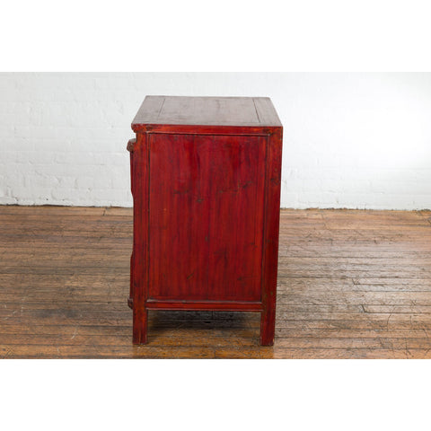 Chinese Red Lacquer Late Qing Dynasty Bedside Cabinet with Carved Décor-YN2617-20. Asian & Chinese Furniture, Art, Antiques, Vintage Home Décor for sale at FEA Home