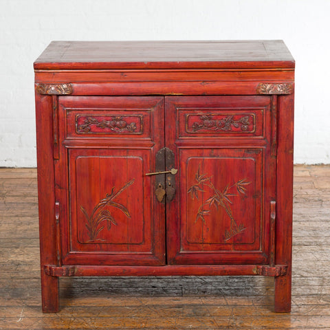 Chinese Red Lacquer Late Qing Dynasty Bedside Cabinet with Carved Décor-YN2617-3. Asian & Chinese Furniture, Art, Antiques, Vintage Home Décor for sale at FEA Home