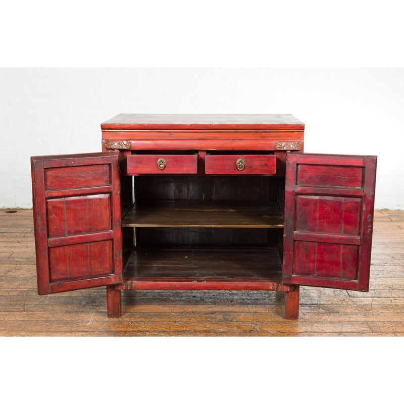 Chinese Red Lacquer Late Qing Dynasty Bedside Cabinet with Carved Décor-YN2617-5. Asian & Chinese Furniture, Art, Antiques, Vintage Home Décor for sale at FEA Home