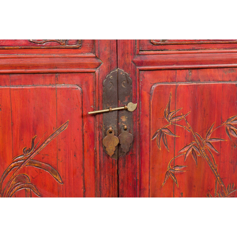 Chinese Red Lacquer Late Qing Dynasty Bedside Cabinet with Carved Décor-YN2617-7. Asian & Chinese Furniture, Art, Antiques, Vintage Home Décor for sale at FEA Home