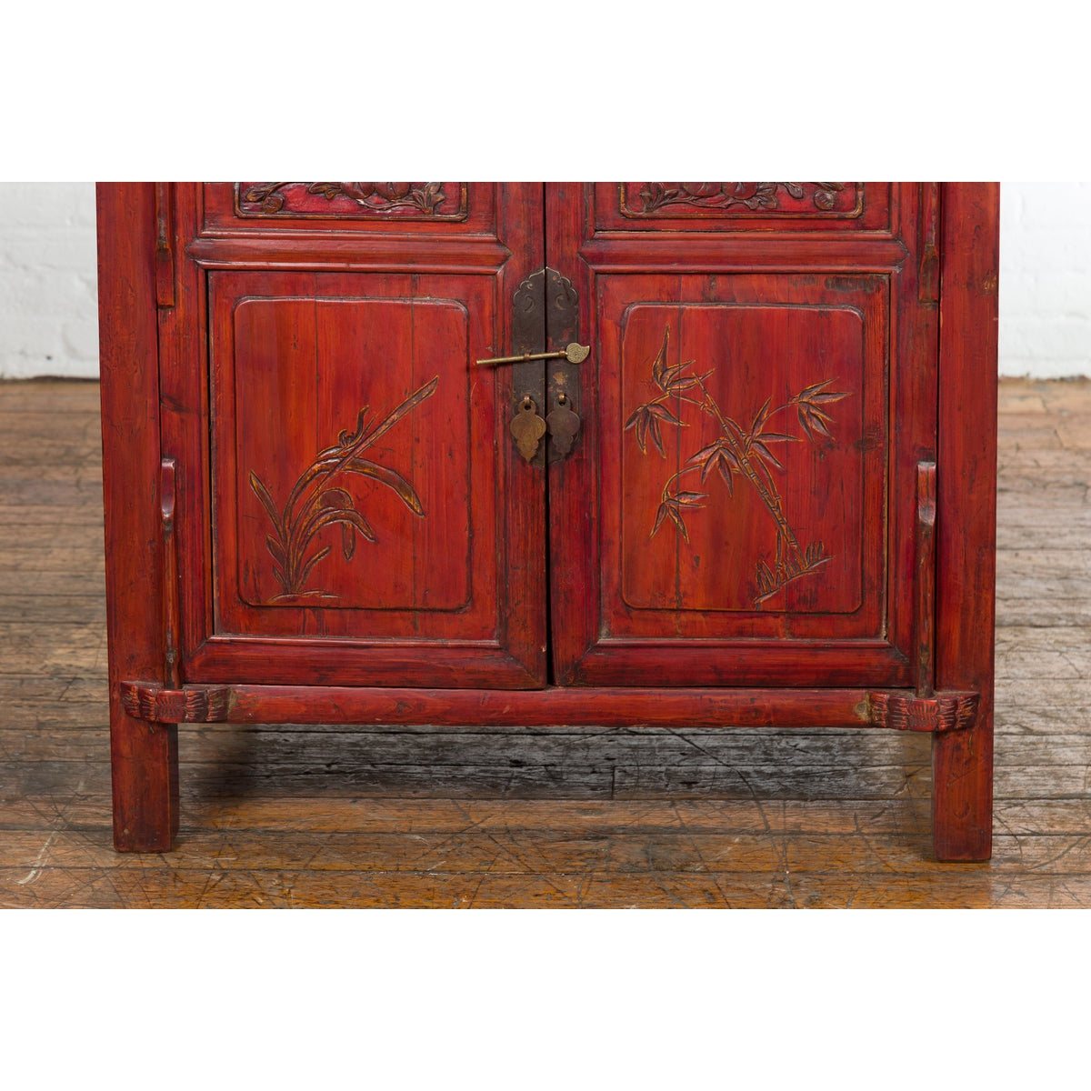 Chinese Red Lacquer Late Qing Dynasty Bedside Cabinet with Carved Décor-9. Asian &amp; Chinese Furniture, Art, Antiques, Vintage Home Décor for sale at FEA Home