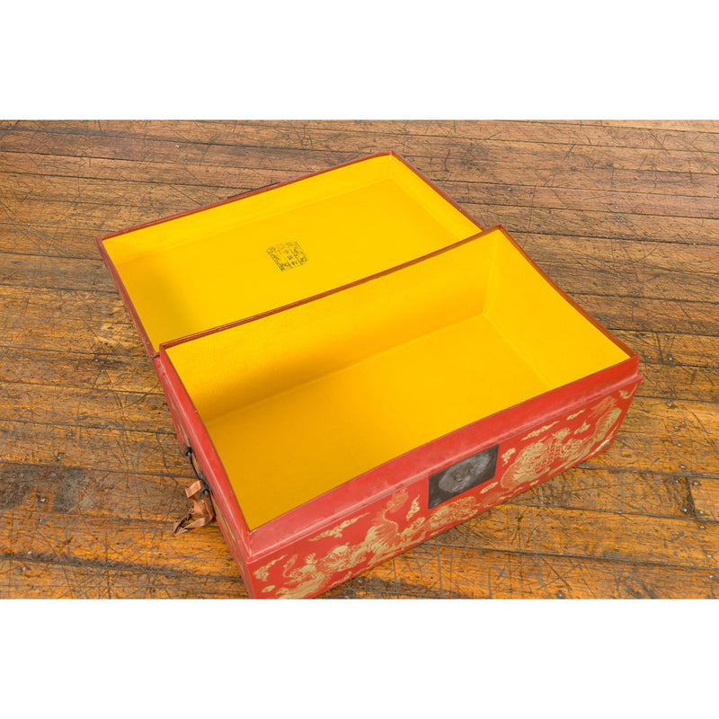 Chinese Red Lacquered Blanket Chest with Gilt Motifs and Guardian Lions-6. Asian & Chinese Furniture, Art, Antiques, Vintage Home Décor for sale at FEA Home
