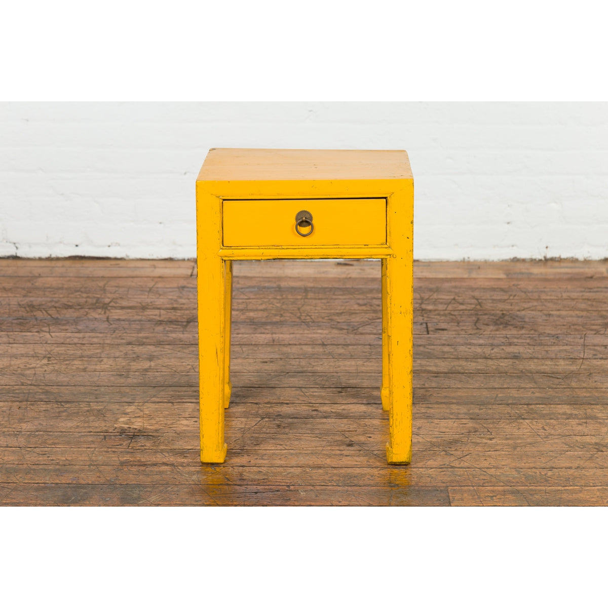 Chinese Vintage Distressed Yellow Lacquer with Single Drawer and Horse Hoof Feet-2. Asian & Chinese Furniture, Art, Antiques, Vintage Home Décor for sale at FEA Home