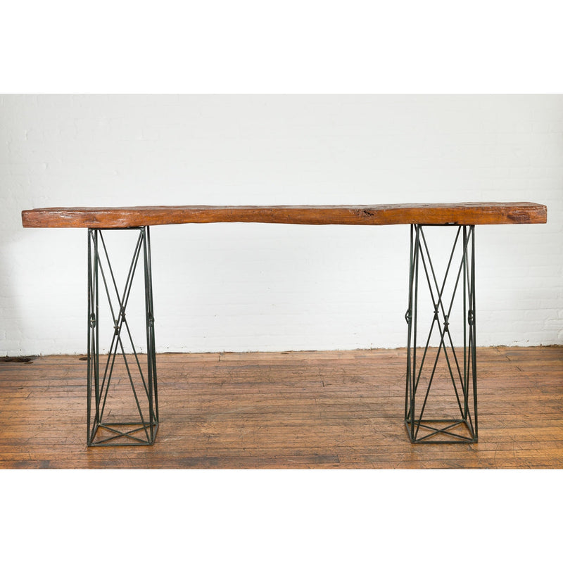 Contemporary Console Table with Reclaimed Wood Top and Metal Bases-YN7593-18. Asian & Chinese Furniture, Art, Antiques, Vintage Home Décor for sale at FEA Home