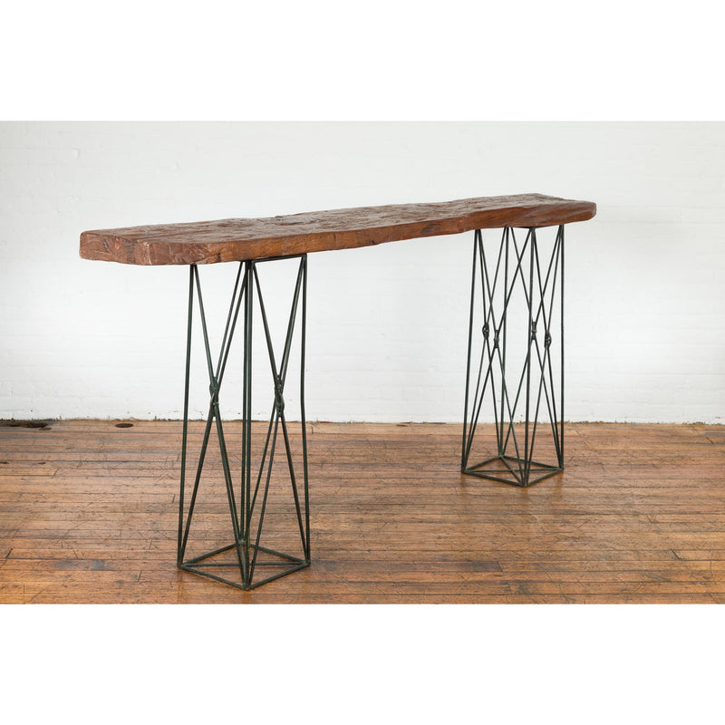 Contemporary Console Table with Reclaimed Wood Top and Metal Bases-YN7593-2. Asian & Chinese Furniture, Art, Antiques, Vintage Home Décor for sale at FEA Home