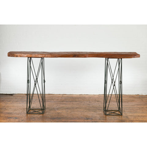 Contemporary Console Table with Reclaimed Wood Top and Metal Bases