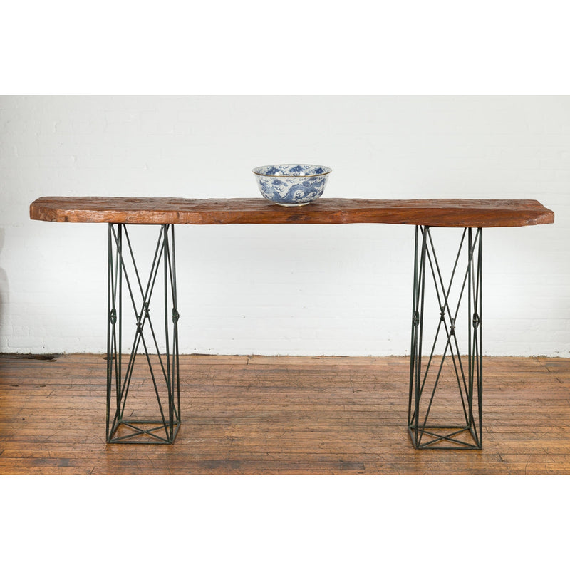 Contemporary Console Table with Reclaimed Wood Top and Metal Bases-4. Asian & Chinese Furniture, Art, Antiques, Vintage Home Décor for sale at FEA Home
