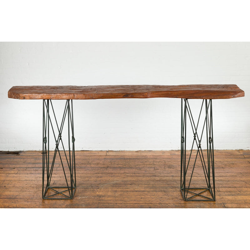 Contemporary Console Table with Reclaimed Wood Top and Metal Bases-6. Asian & Chinese Furniture, Art, Antiques, Vintage Home Décor for sale at FEA Home