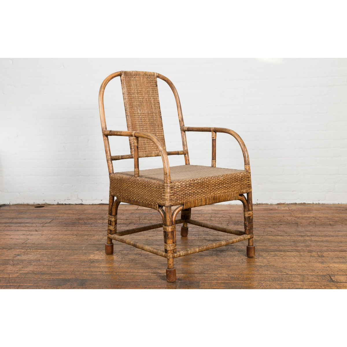 Country Style Burmese Vintage Hand-Woven Rattan Armchair with Rounded Back-10. Asian &amp; Chinese Furniture, Art, Antiques, Vintage Home Décor for sale at FEA Home