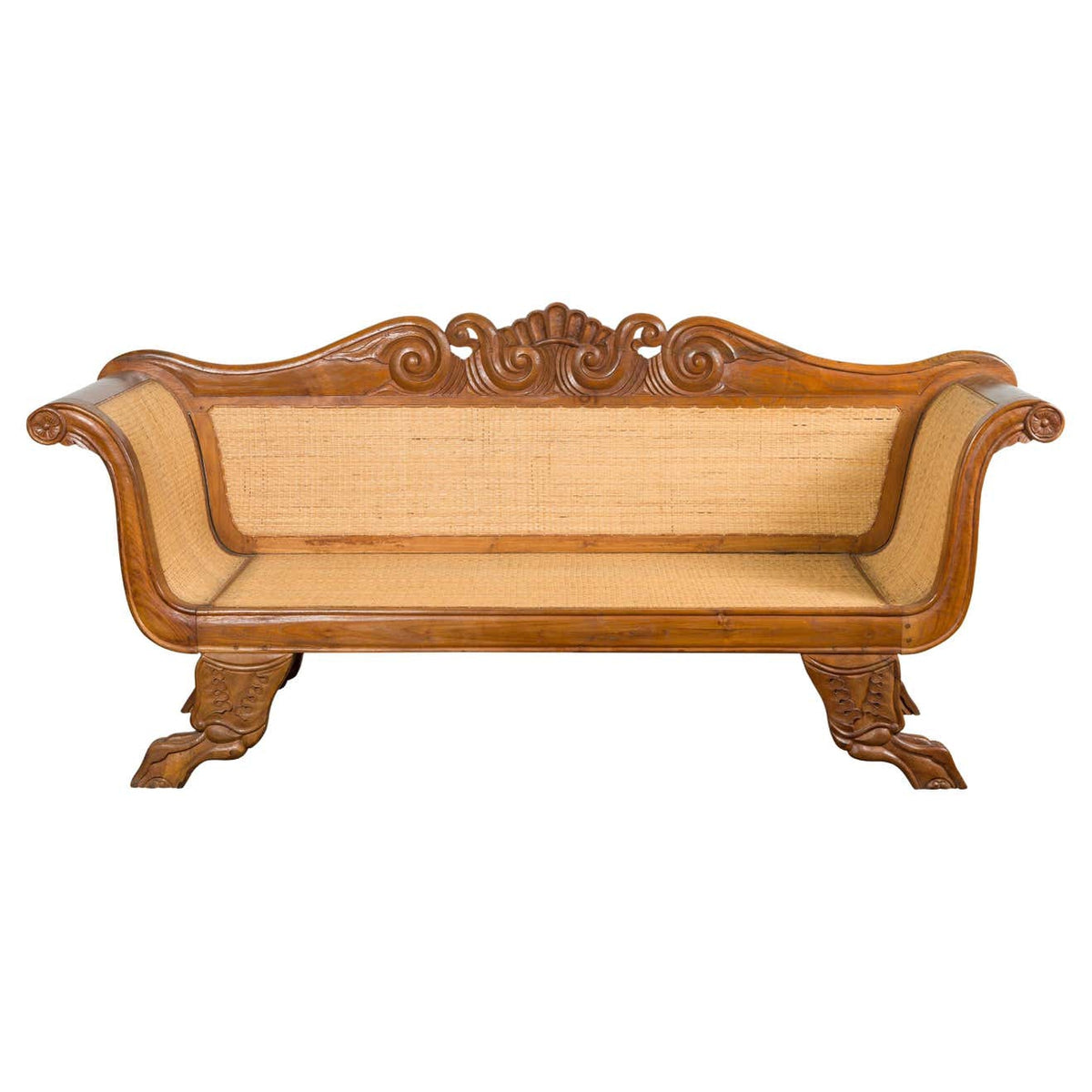 Dutch Colonial Javanese Teak Settee with Carved Décor and Inset Woven Rattan-1. Asian & Chinese Furniture, Art, Antiques, Vintage Home Décor for sale at FEA Home