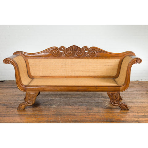 Dutch Colonial Javanese Teak Settee with Carved Décor and Inset Woven Rattan-YN2043-2. Asian & Chinese Furniture, Art, Antiques, Vintage Home Décor for sale at FEA Home