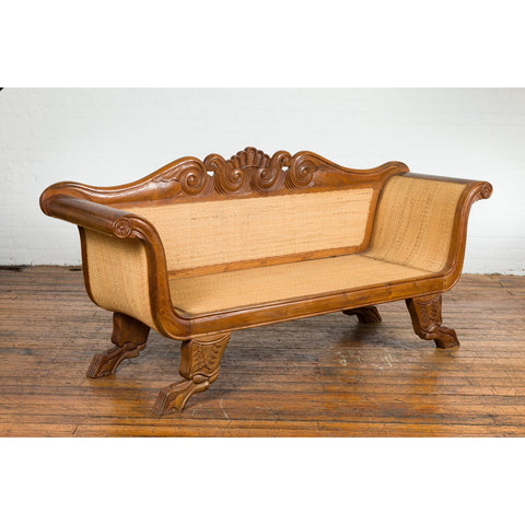 Dutch Colonial Javanese Teak Settee with Carved Décor and Inset Woven Rattan-YN2043-3. Asian & Chinese Furniture, Art, Antiques, Vintage Home Décor for sale at FEA Home