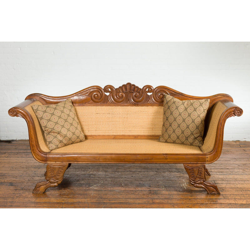 Dutch Colonial Javanese Teak Settee with Carved Décor and Inset Woven Rattan-YN2043-4. Asian & Chinese Furniture, Art, Antiques, Vintage Home Décor for sale at FEA Home