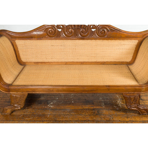 Dutch Colonial Javanese Teak Settee with Carved Décor and Inset Woven Rattan-YN2043-6. Asian & Chinese Furniture, Art, Antiques, Vintage Home Décor for sale at FEA Home