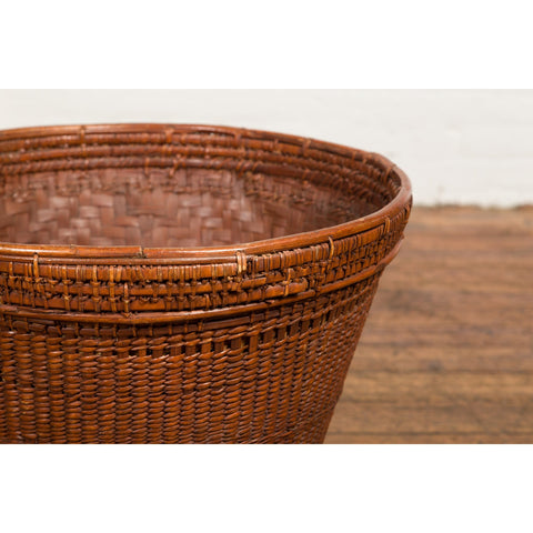 Hand Woven Rattan and Bamboo Thai 19th Century Grain Basket with Tapering Lines