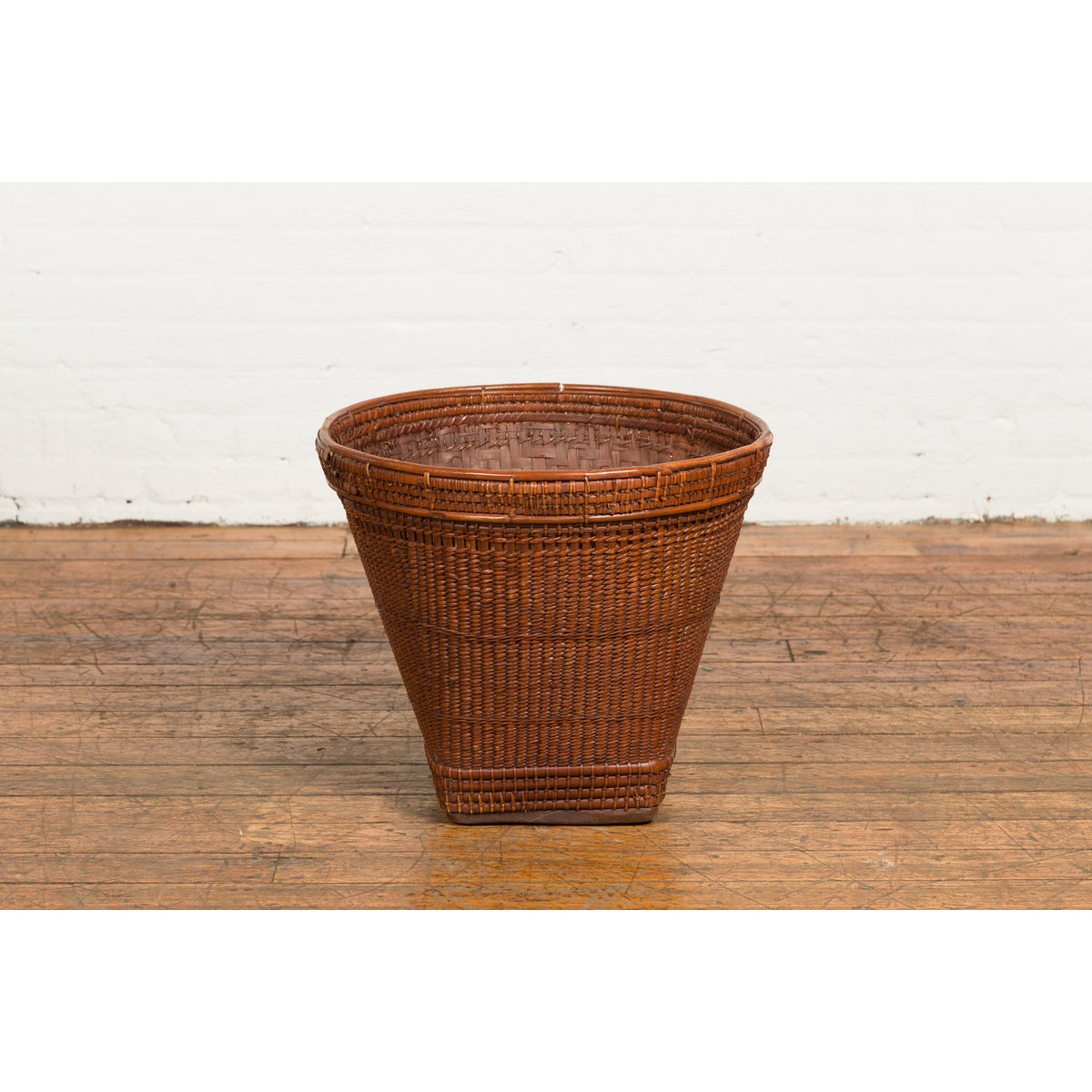 Hand Woven Rattan and Bamboo Thai 19th Century Grain Basket with Tapering Lines-15. Asian &amp; Chinese Furniture, Art, Antiques, Vintage Home Décor for sale at FEA Home