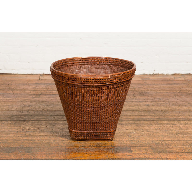Hand Woven Rattan and Bamboo Thai 19th Century Grain Basket with Tapering Lines-YN7699-8. Asian & Chinese Furniture, Art, Antiques, Vintage Home Décor for sale at FEA Home