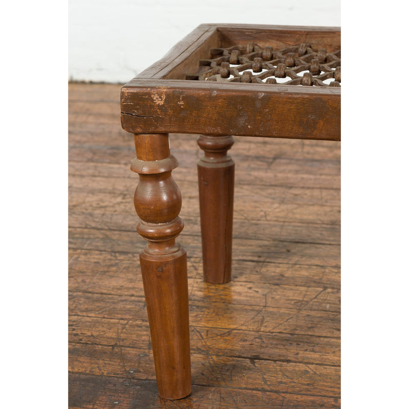 Indian Antique Window Grate Made into a Coffee Table with Turned Baluster Legs-YN7584-7. Asian & Chinese Furniture, Art, Antiques, Vintage Home Décor for sale at FEA Home