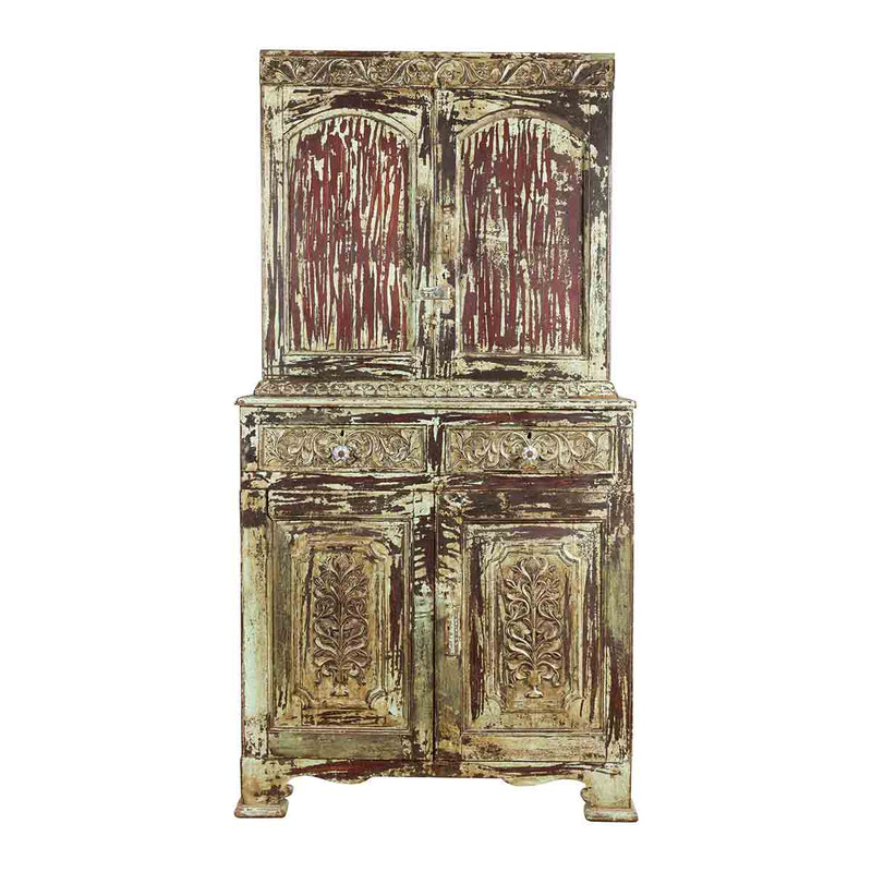 Indian Rustic Painted Wood Cabinet with Carved Foliage and Distressed Patina-1. Asian & Chinese Furniture, Art, Antiques, Vintage Home Décor for sale at FEA Home