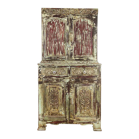 Indian Rustic Painted Wood Cabinet with Carved Foliage and Distressed Patina-1. Asian & Chinese Furniture, Art, Antiques, Vintage Home Décor for sale at FEA Home
