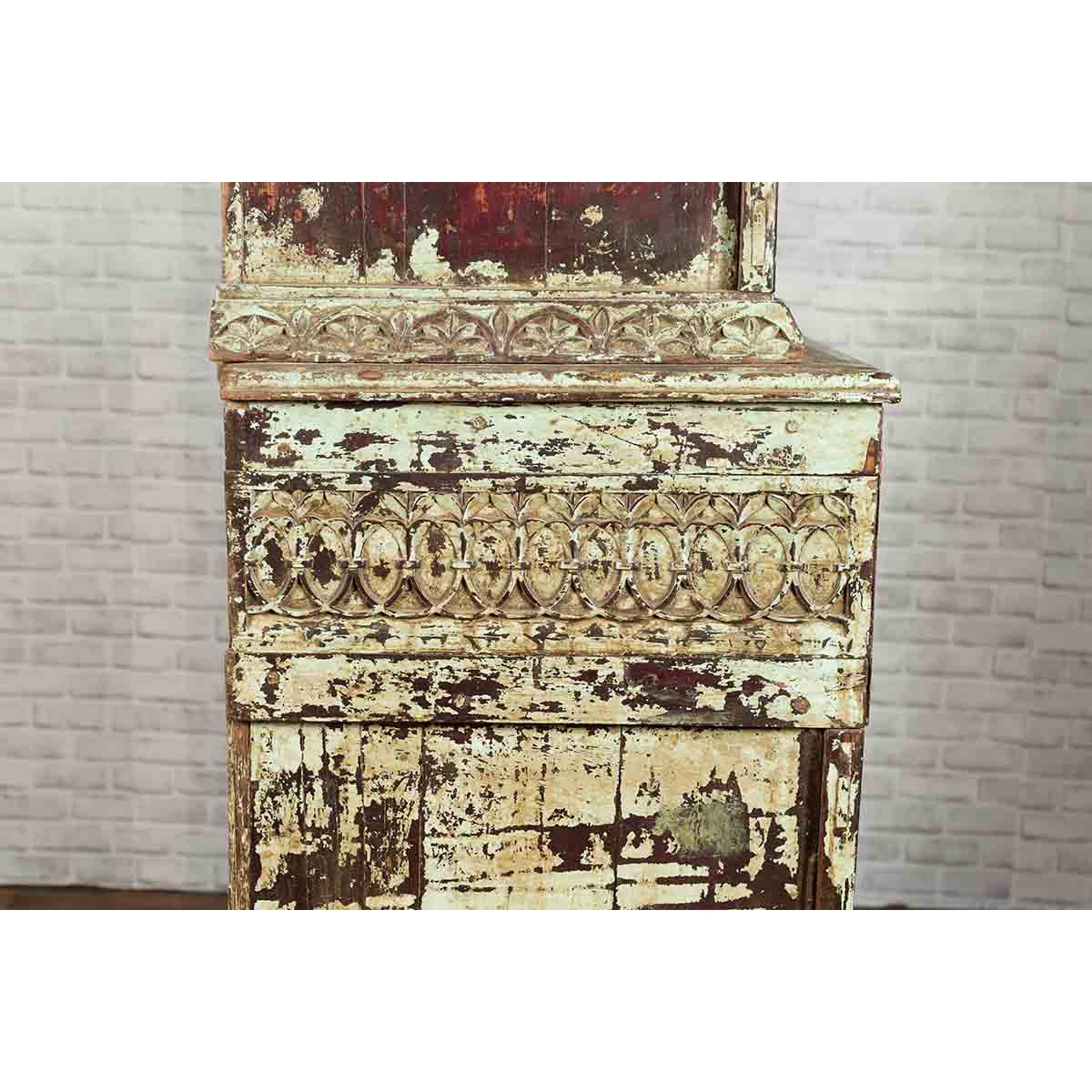 Indian Rustic Painted Wood Cabinet with Carved Foliage and Distressed Patina-10. Asian &amp; Chinese Furniture, Art, Antiques, Vintage Home Décor for sale at FEA Home