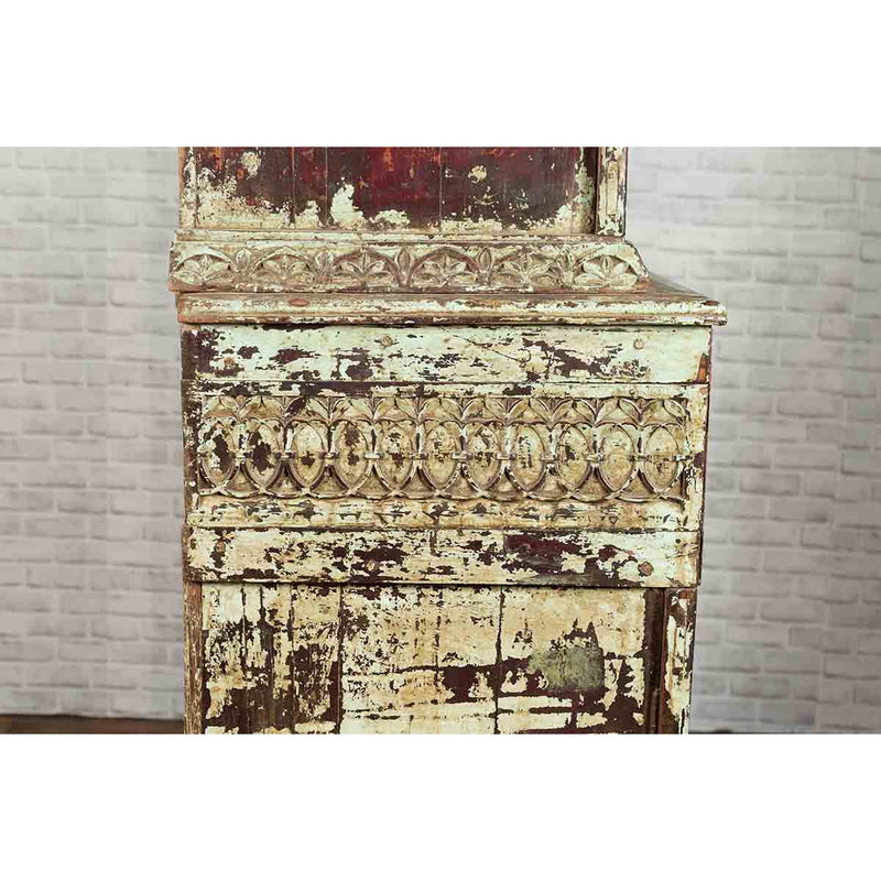 Indian Rustic Painted Wood Cabinet with Carved Foliage and Distressed Patina-10. Asian & Chinese Furniture, Art, Antiques, Vintage Home Décor for sale at FEA Home