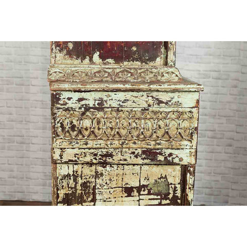 Indian Rustic Painted Wood Cabinet with Carved Foliage and Distressed Patina-10. Asian & Chinese Furniture, Art, Antiques, Vintage Home Décor for sale at FEA Home