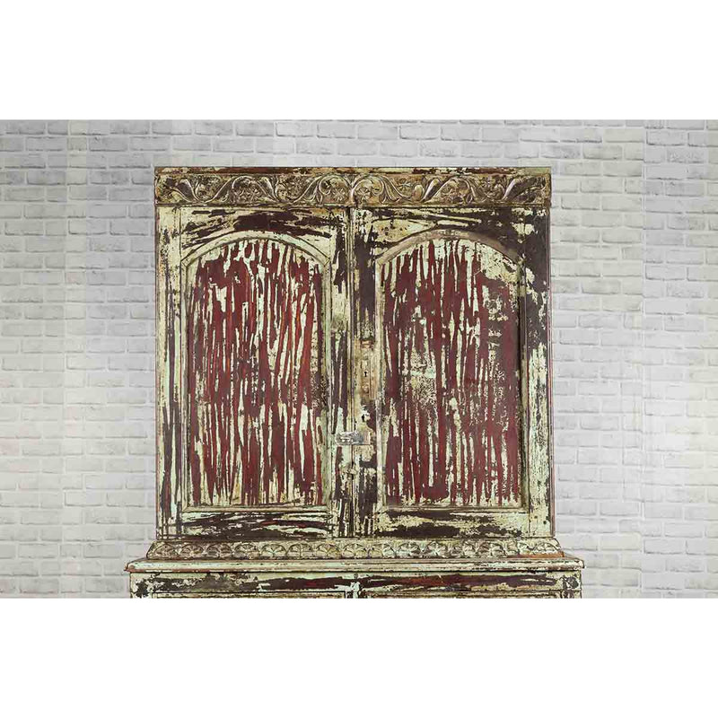 Indian Rustic Painted Wood Cabinet with Carved Foliage and Distressed Patina-11. Asian & Chinese Furniture, Art, Antiques, Vintage Home Décor for sale at FEA Home