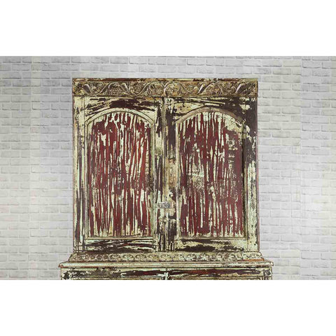 Indian Rustic Painted Wood Cabinet with Carved Foliage and Distressed Patina-11. Asian & Chinese Furniture, Art, Antiques, Vintage Home Décor for sale at FEA Home