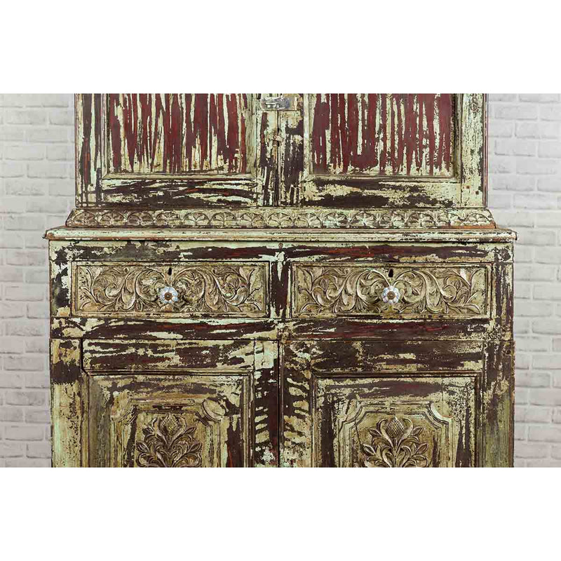 Indian Rustic Painted Wood Cabinet with Carved Foliage and Distressed Patina-12. Asian & Chinese Furniture, Art, Antiques, Vintage Home Décor for sale at FEA Home