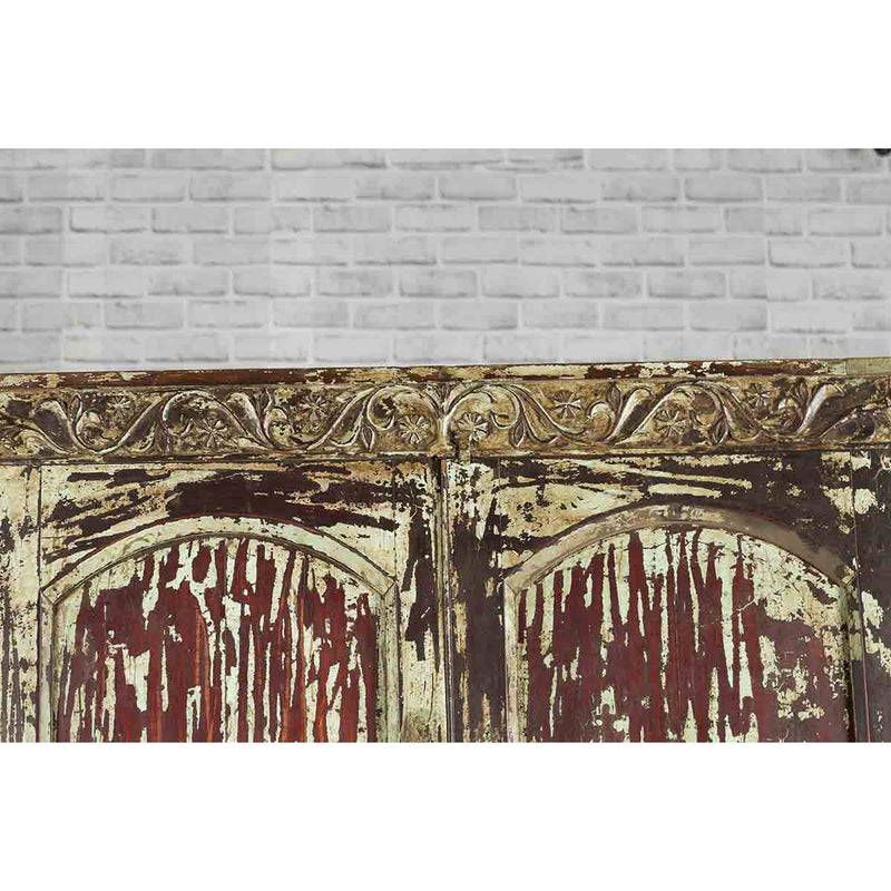 Indian Rustic Painted Wood Cabinet with Carved Foliage and Distressed Patina-13. Asian & Chinese Furniture, Art, Antiques, Vintage Home Décor for sale at FEA Home