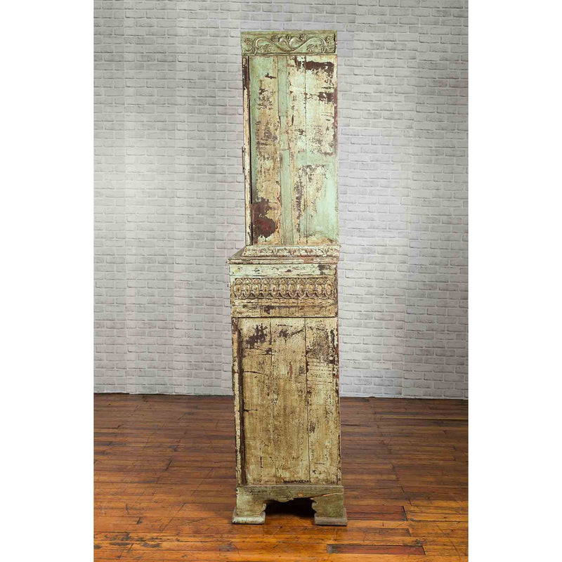 Indian Rustic Painted Wood Cabinet with Carved Foliage and Distressed Patina-14. Asian & Chinese Furniture, Art, Antiques, Vintage Home Décor for sale at FEA Home