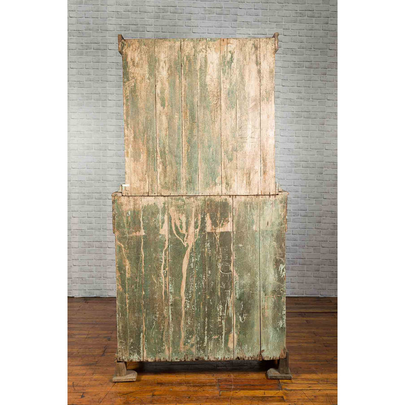 Indian Rustic Painted Wood Cabinet with Carved Foliage and Distressed Patina-15. Asian & Chinese Furniture, Art, Antiques, Vintage Home Décor for sale at FEA Home
